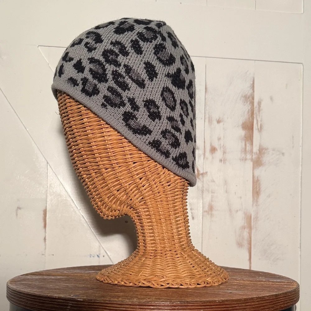 Gray Leopard Print Knit Beanie with Lurex Metallic Threads